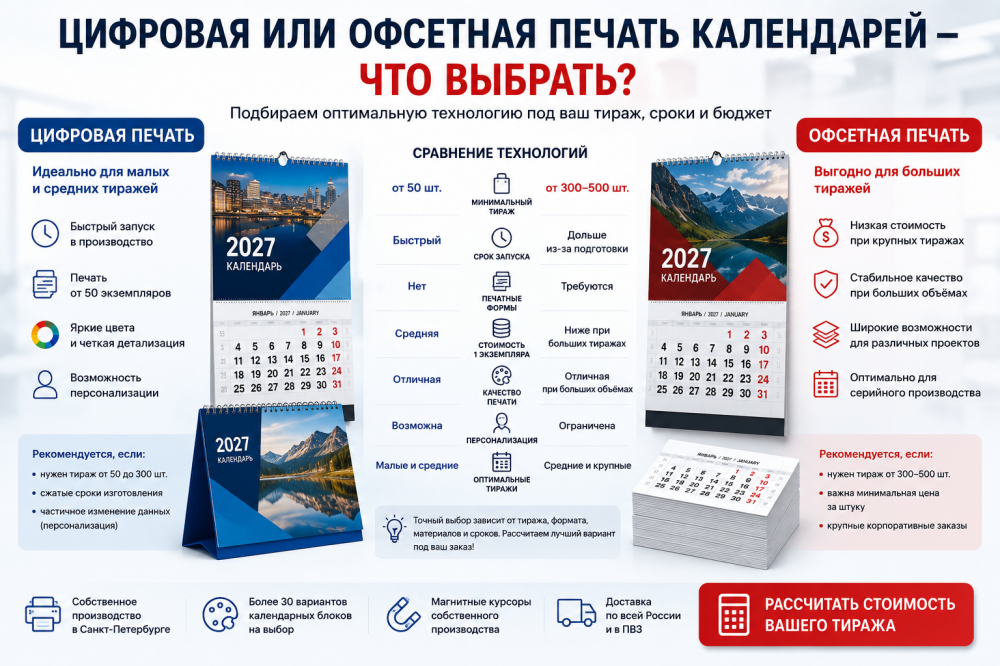 Цифровая или офсетная печать календарей — что выбрать?
